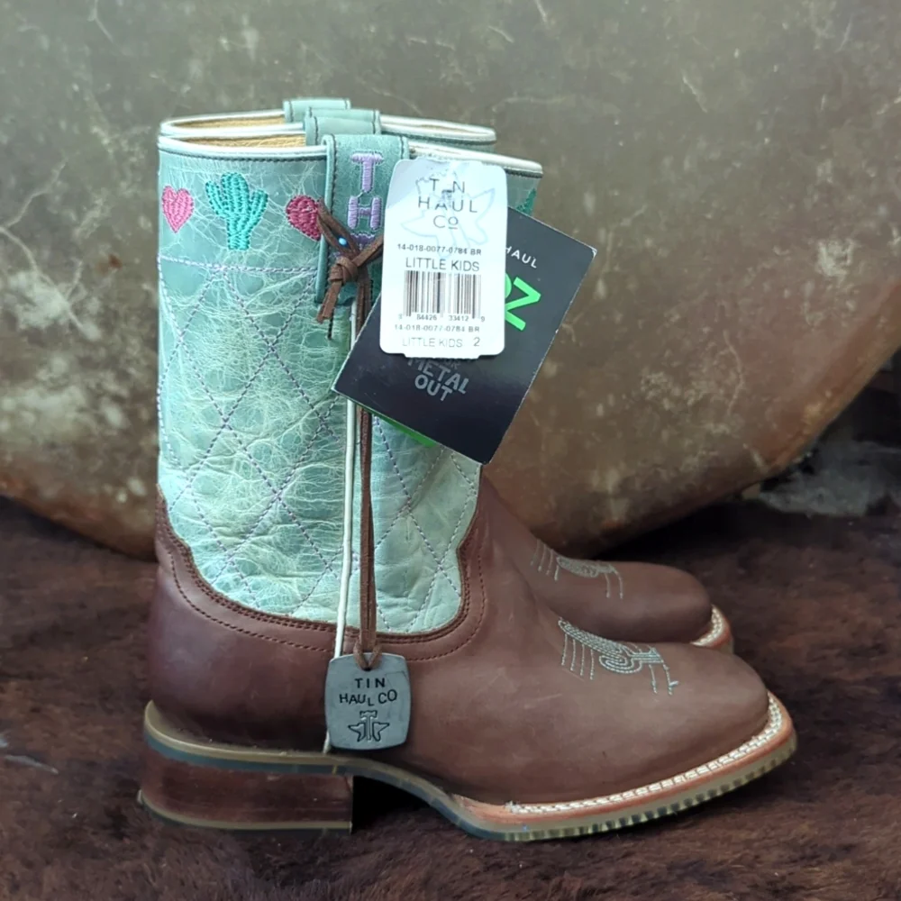 TIN HAUL I<3 Cactus🌵 cowgirl boots brown/lake green/pink sz 2 little girl NWT